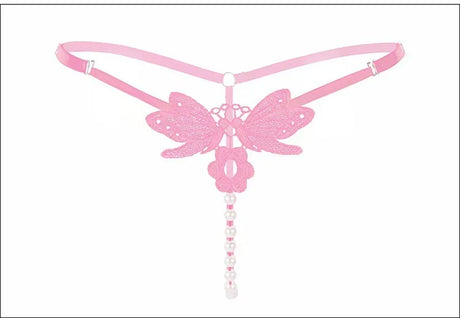 Butterfly Lace Pearl G-String Thong Adjustable Strap Hollow Out T Back Panty Adult Women Seductive Decorative Pearl Intimate