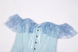 Women Sky Blue Retro Jacquard Corset Tops Lace Short Sleeved One Shoulder Sexy Slimming Shaper Overbust Bustiers Lingerie