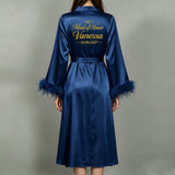 Custom Name Bride Robe Satin Feather Bridesmaid Robes Personalized Wedding Morning Gown Bachelorette Party Bathrobe