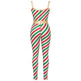 Christmas Candy Cane Women Cosplay Jumpsuit Gold Waistband Spaghetti Strap Romper Holiday Fancy Dress Xmas Themed Party Costume