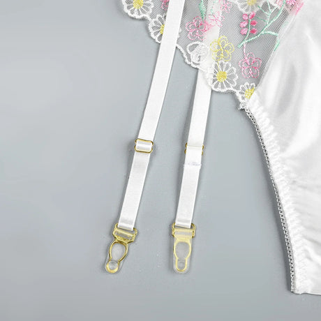 New White Floral Embroidery Fairy Lingerie Sets Transparent Mesh Patchwork Underwear Garter Intimate Panties Erotic Suits