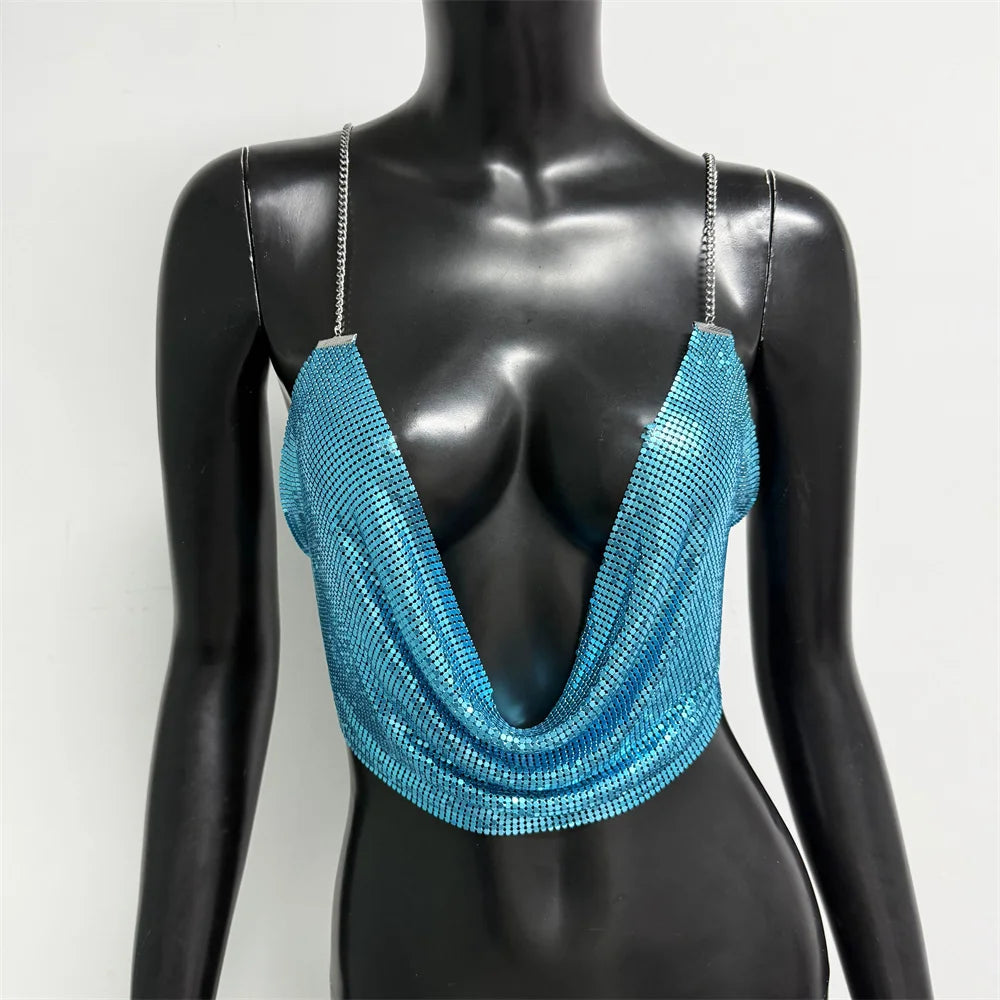Fashion Metallic Sequins Party Tank Top Sexy Deep V Neck Backless Spaghetti Straps Sling Crop Top 2024 Rave Nightclub Camisole