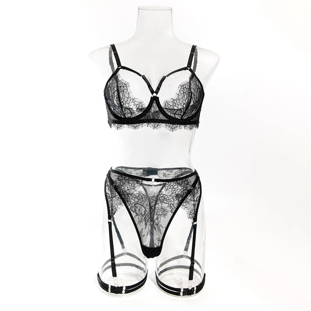 Krasapt Fancy Lace Sexy Lingerie 4 Pcs Sets Sexi Hollow Out Sheer Bras And Thongs Garter Suits With Peplum Skirt Erotic Outtits