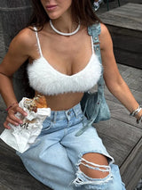 Tossy Crop Top Women Camisole Spaghetti Strap Scoop Neck Fuzzy Knit Party Club Sleeveless Slim Fit Spring Summer Y2K Casual Top