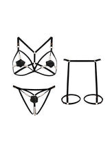 5 Colors Women Black Lace Lingerie Set Strappy Bra Panty Garter Belt Pearl Chain Rose Applique Adjustable Harness Nightwear