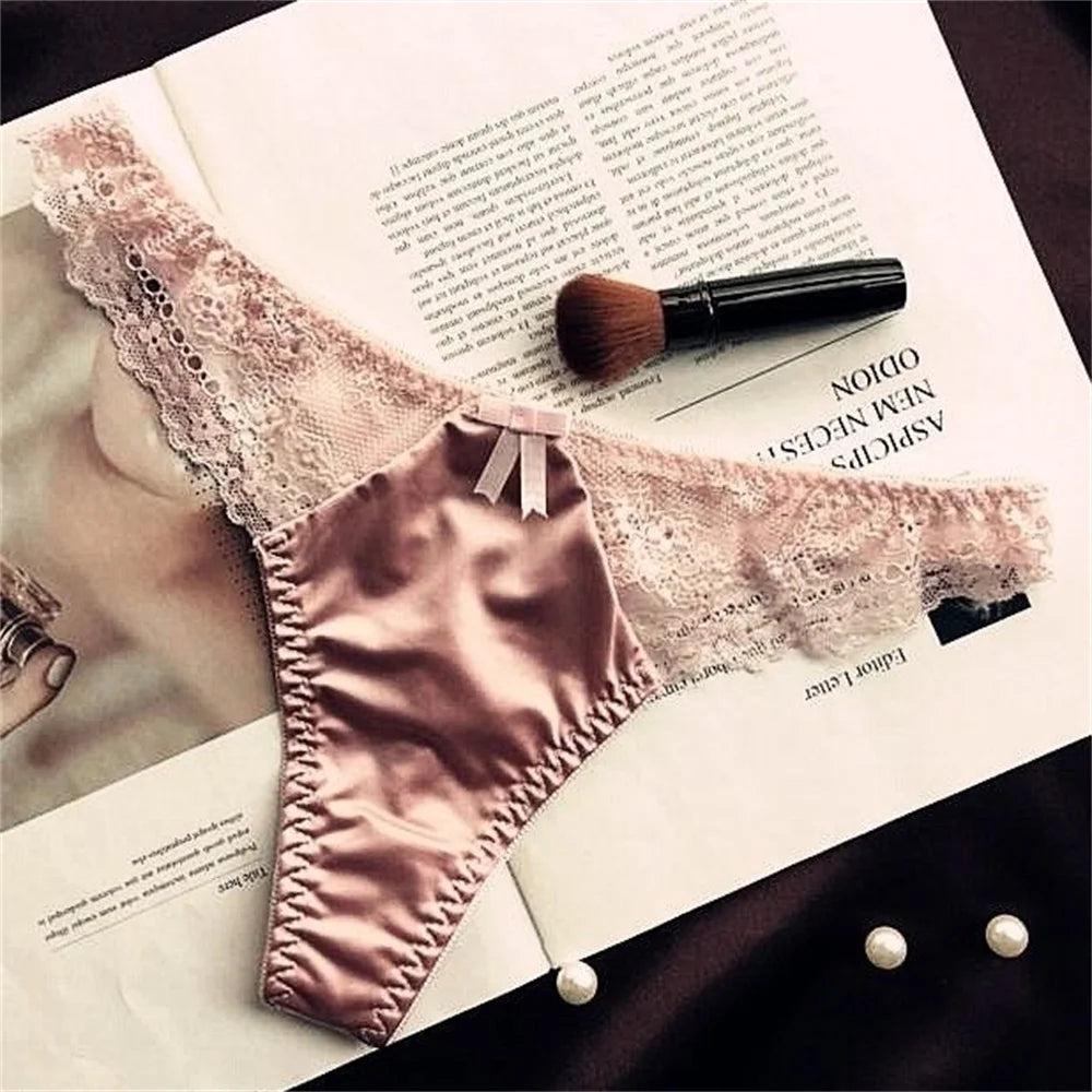 Hollow Lace Sexy Glossy Satin Silk Smooth Thong Women Sexy Low Waist G-string Underwear Bow Seamless Lingerie