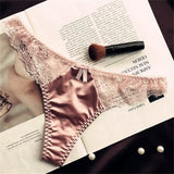 Hollow Lace Sexy Glossy Satin Silk Smooth Thong Women Sexy Low Waist G-string Underwear Bow Seamless Lingerie