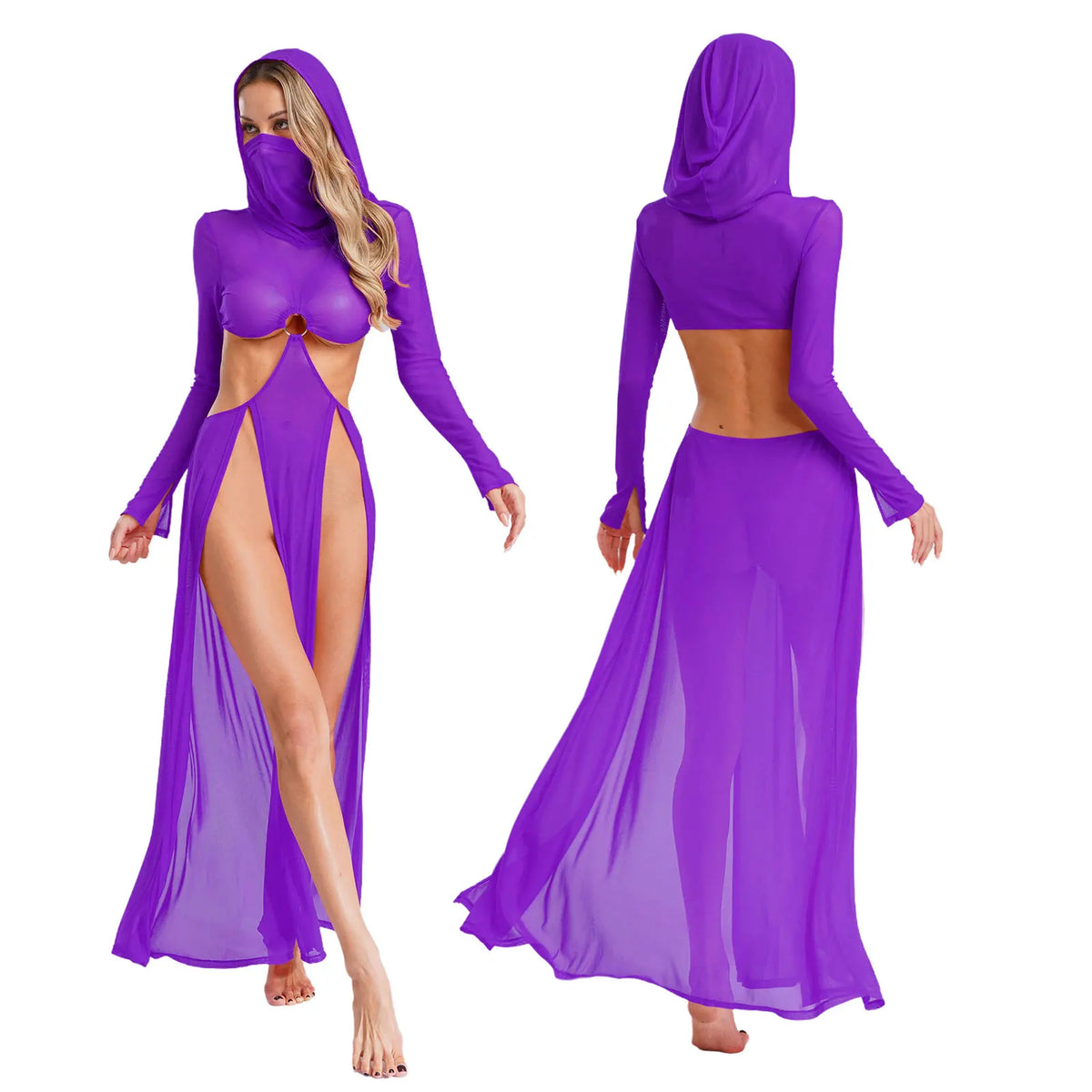 Women Wet Look Mesh Maxi Dress with Hooded Cosplay Sexy High Slit Lingerie Face Mask Long Sleeves Hollow Out Sheer Nightdress
