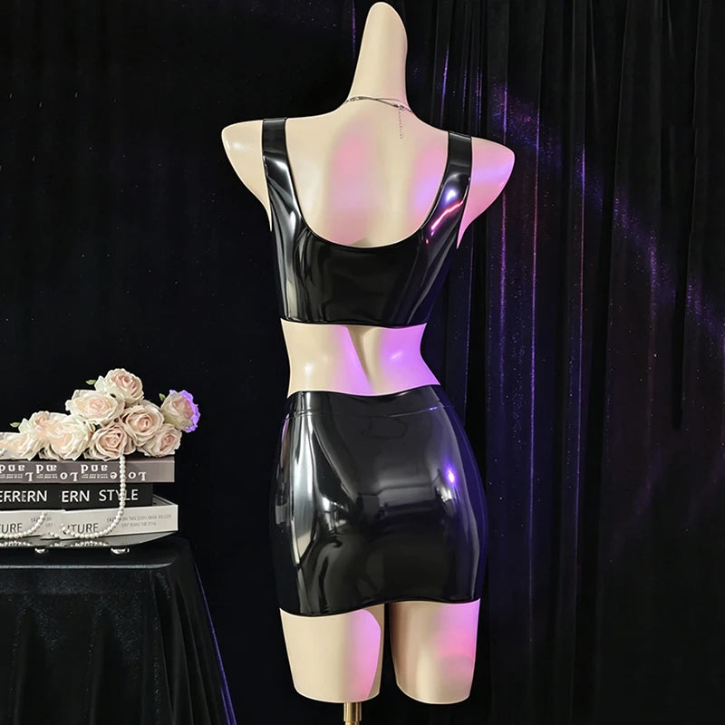 Sexy Women's Latex Clothing PU Elastic Hip Short MINI Skirt Shiny Maid Erotic Latex Top Intimate Lubrication Porn Costume