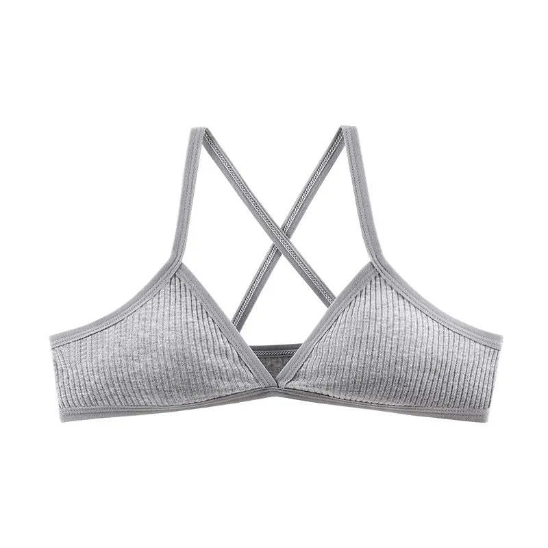 2Pcs/Set Ribbed Cross Back Triangle Bralette Set Women Spaghetti Strap Breathable Daily Bra Wireless Casual Daily Lingerie S-L