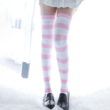 Lolita Over Knee Socks Pink Strip Kawaii Cat Paw Print Stockings Lolita Gothic Velvet Over The Knee Thigh High JK Long Stockings