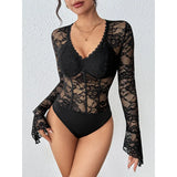 Benuynffy Black V-neck Long Sleeve Bodysuit Women's Sexy See Through Lace Bodys for Women Slim Fit One Pieces Tight Body Top