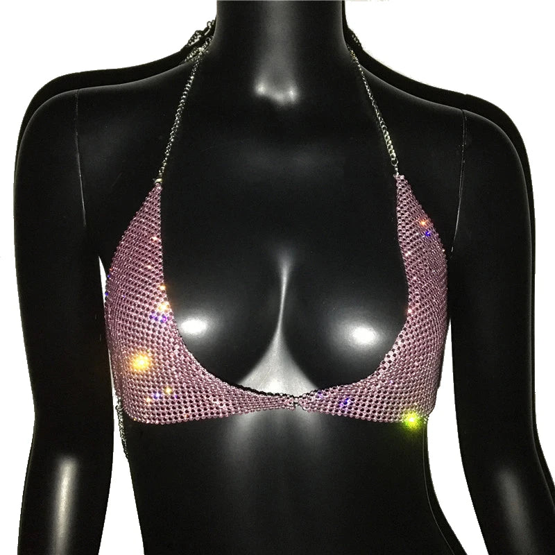 FestivalQueen Sequined Tops for Women Crystal Diamonds Boob Bra Party Club Metal Strap Rhinestone Bras Silver and Gold