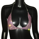 FestivalQueen Sequined Tops for Women Crystal Diamonds Boob Bra Party Club Metal Strap Rhinestone Bras Silver and Gold