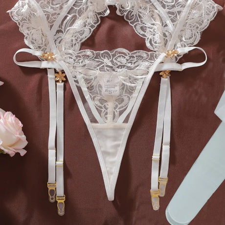Women's Burgundy Lace Lingerie Set Underwire Bra Thong Panty Garter Straps Stockings Floral Embroidery Sexy Underwear Outfit