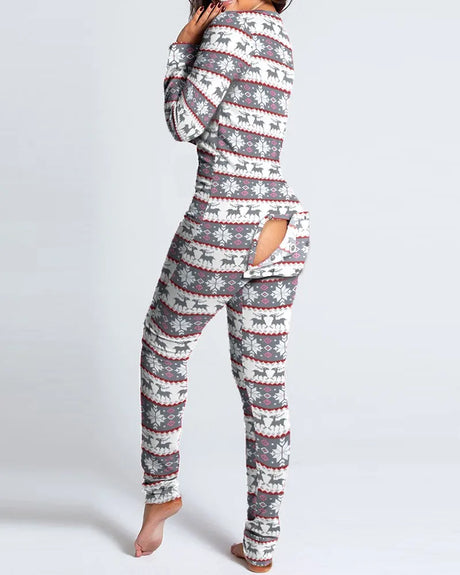 Sexy Pyjama Women's Long Sleeves Homewear Suit Button-Down Front Back Butt Bum Open Ass Flap Jumpsuit Loungewear Christmas Print