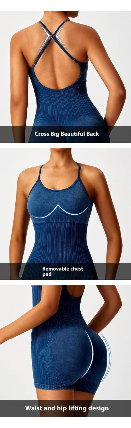 Sandwashed Yoga Bodysuit for Women - Strappy Seamless One Piece Workout Suit, Stretch Gym Leotard for Pilates Barre Fitness