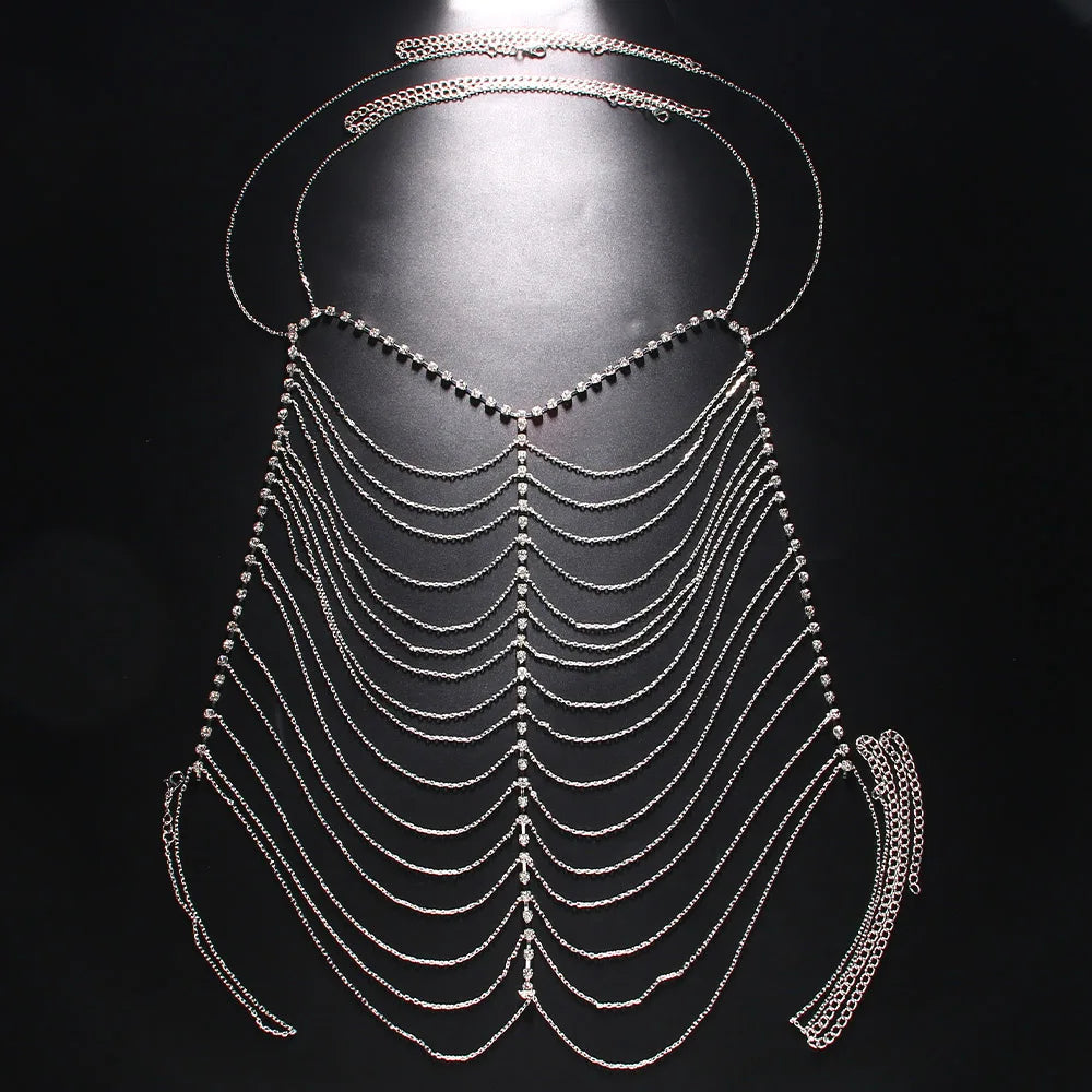 Rave Harness Rhinestone Multilayer Chest Chain for Women Nightclub Sexy Outfit Crystal Body Chain Jewelry Dress Accessories
