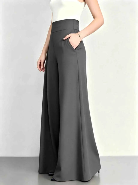 Elegant Women High Rise Pleated Palazzo Pants Solid Multi Color Loose Fit Flare Long Trousers Business Office Work Wear Wide Leg