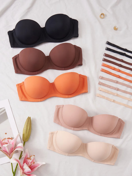 5Pcs Detachable Strap Bandeau Bras Solid Strapless Push up Bra for Women Daily Invisible Lingerie
