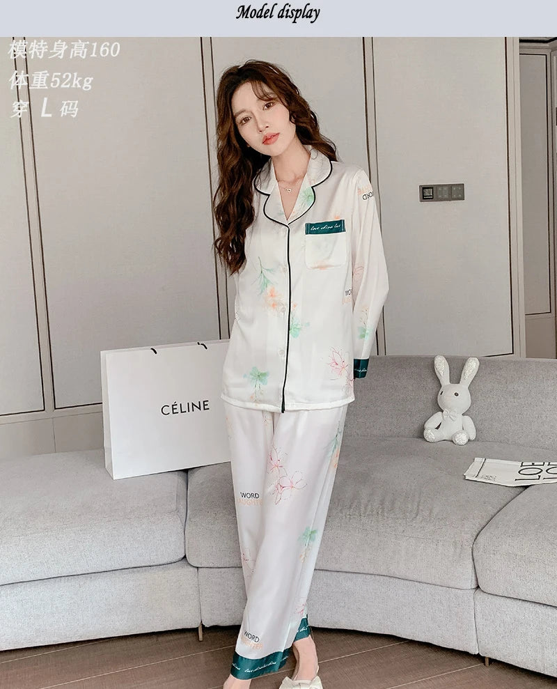 Satin Silk Pajamas for Women's Set pyjamas Button Pigiama Donna pjs Winter Mujer Pijama Sleepwear Nightwear woman 2 piece set