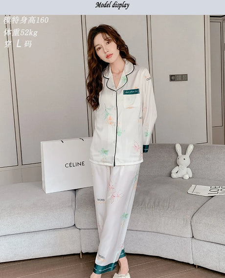 Satin Silk Pajamas for Women's Set pyjamas Button Pigiama Donna pjs Winter Mujer Pijama Sleepwear Nightwear woman 2 piece set