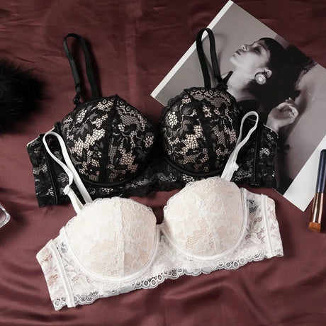 Black Lace Bra Women Small Chests Gathering Bralette Removable Shoulder Strap Soft Steel Ring Bras Wedding Party Dress Underwear