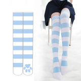 Pink Strip Kawaii Cat Paw Print Stockings Lolita Gothic Velvet Lolita Over Knee Socks Over The Knee Thigh High JK Long Stockings