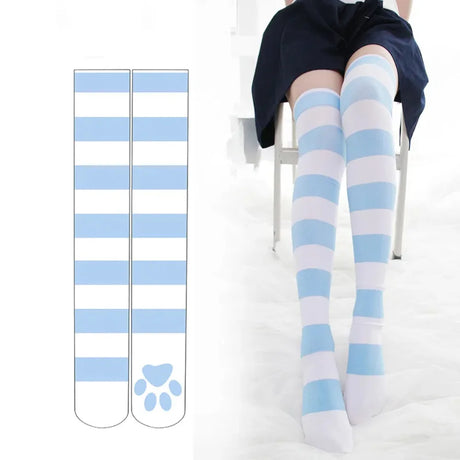 Pink Strip Kawaii Cat Paw Print Stockings Lolita Gothic Velvet Lolita Over Knee Socks Over The Knee Thigh High JK Long Stockings
