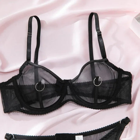Lingerie Set Sexy See Through Mesh Push Up Bra Contrast Color Metal Ring Decor High Elasticity Two Piece Sexy Lingerie for Women