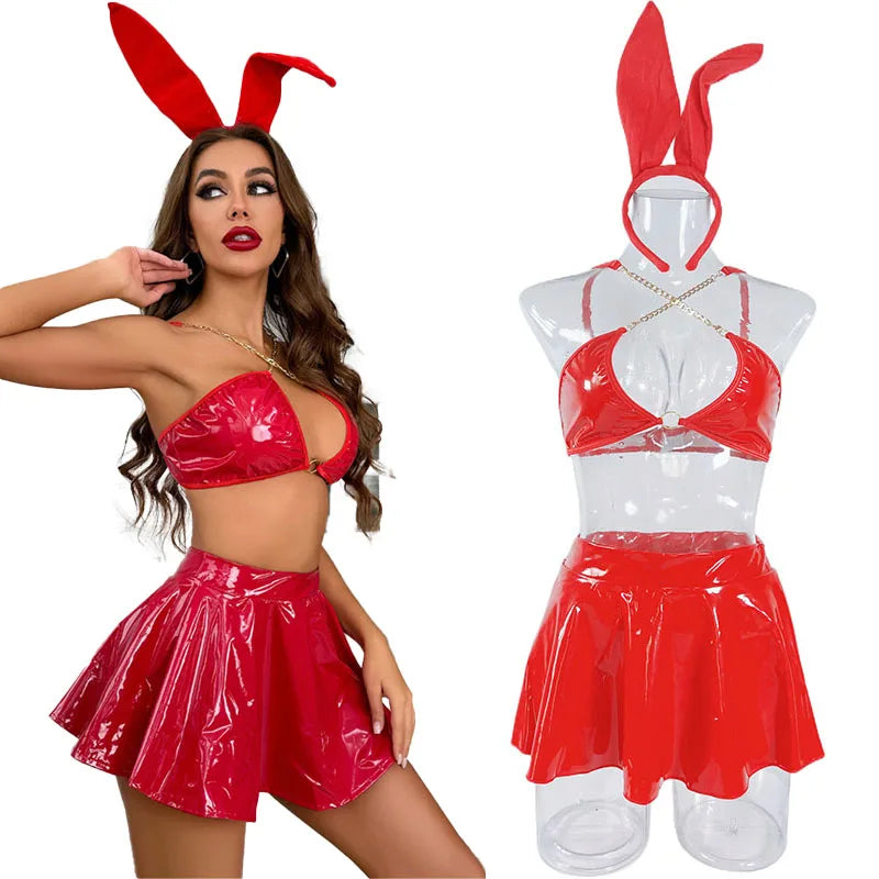 Hot Sexy Bunnygirl Cosplay Outfits Women Sexy Lingerie Erotic Pu Leather Bodysuit Bunny Roleplay Costume Sex Set Fantasy Bodycon