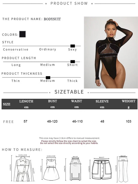 FHSEER 1pcs Women's Sexy Bodysuit Black Sheer Mesh Bodycon High Neck Long Sleeve Rinestone Embellished Club Party Outfit