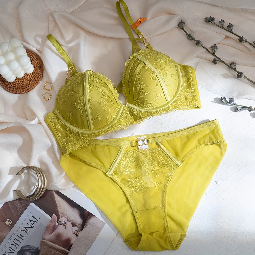 Women Lime Glow Floral Embroidery Lingerie Set Underwire Padded Strappy Bra Panty 2‑Pcs Gold Ring Intimate Underwear