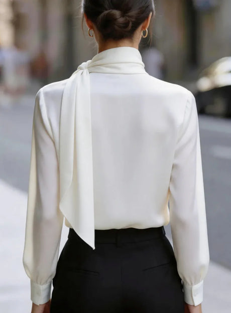Women High Neck Tie Detail Long Sleeve Satin Blouse Elegant Draped Top for Office or Formal Events