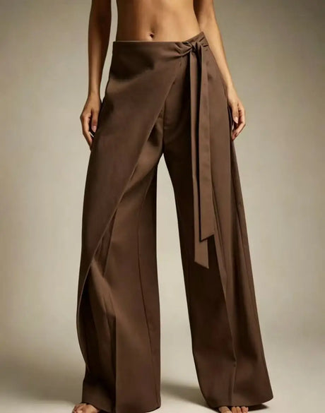 Women High Waist Wide Leg Pants Loose Wrap Tie Knot Asymmetric Pleated Trousers Beach Casual Bottoms