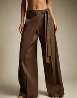 Women High Waist Wide Leg Pants Loose Wrap Tie Knot Asymmetric Pleated Trousers Beach Casual Bottoms