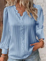 Elegant Summer Hollow Lace Patchwork Women Shirt Chic Blouse V Neck Long Sleeve Shirt Plain Lace Casual Basic Regular Tops