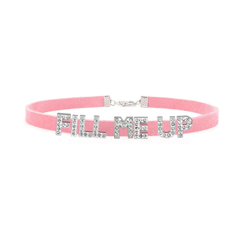 Sexy Rhinestone Letters Hotwife Collar Choker for Women Men DIY Customized Necklaces Pink Suede Leather Cosplay Jewelry Gift