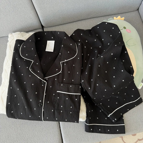 Spring and Autumn Large Black Pajama Women's Long Sleeve Set Sweet Cardigan High End Home Clothes Ladies Nightwear Star Print