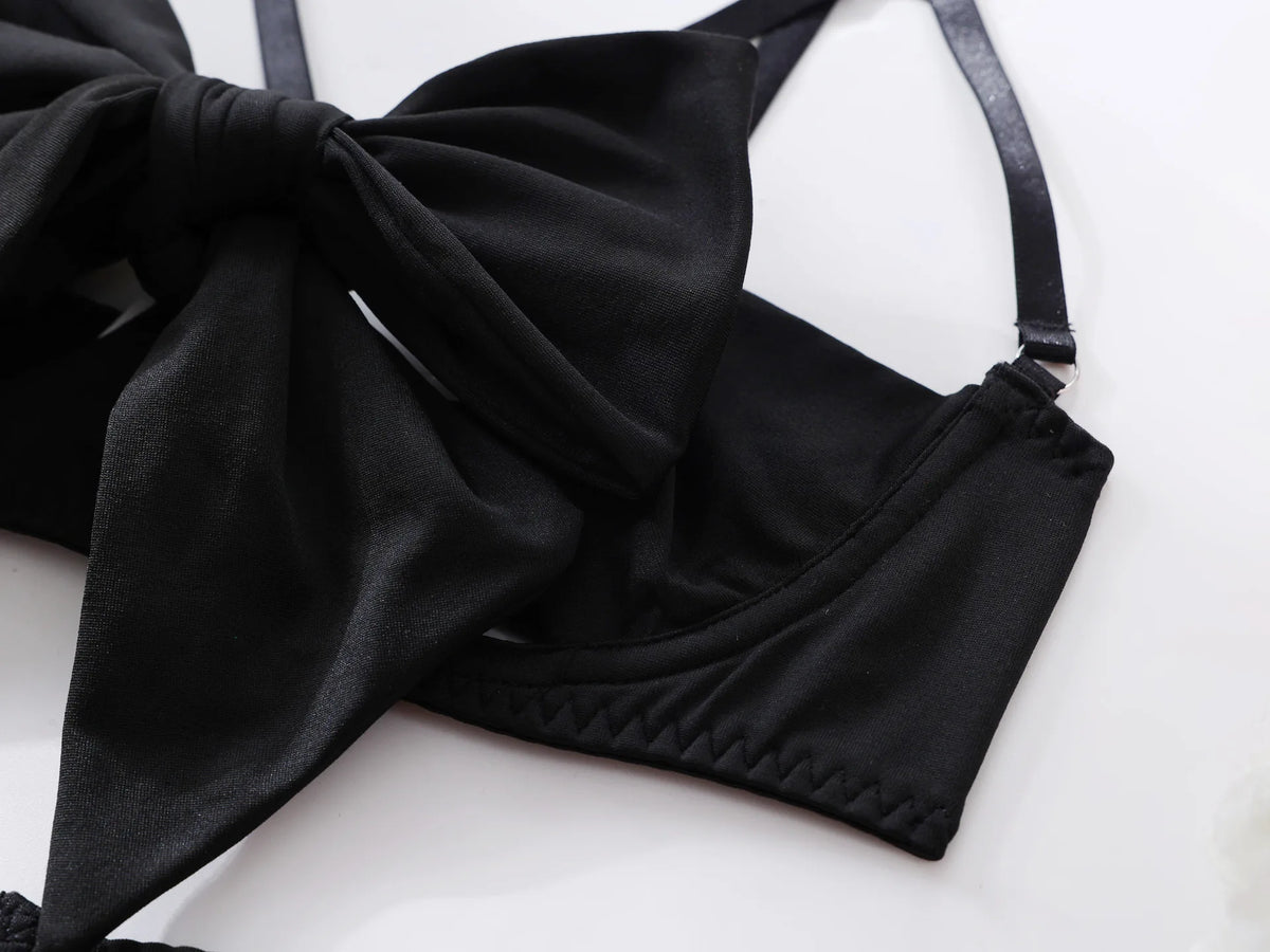Cupless Lingerie Set Silk Bra Thigh Straps 3Piece Satin Bowknot Erotic Underwear for Women