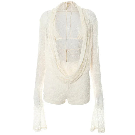 Women's Summer Solid Lace Cami Bra Cowl Neck Long Sleeve Top Shorts Set Fashion Casual Outfit Two Piece Set Women Sexy Club