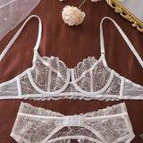 Ellolace French Women's Lingerie Fantasy Embroidered Bra Belt Thong with Leg Circles Elegant Floral Romantic Cute Miss Underwear