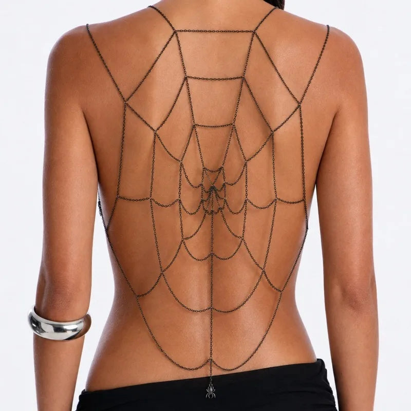 Black Spider Web Body Chain Women Gothic Spider Pendant Back Harness Adjustable Mesh Web Bikini Halloween Festival Body Jewelry