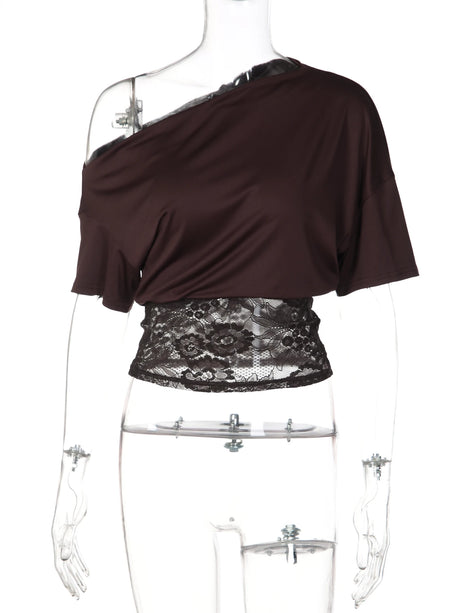 Dulzura Inclined Shoulder Short Sleeve Slim Lace Patchwork T-Shirt Women'S Vintage Sexy Casual Y2K Top Party Club Summer Clothes
