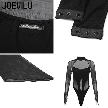 Mesh Long Sleeve Hollow Out Bodysuit Streetwear All Season Fashion Women's Solid Color Slim Fit Tops Y2k Gothic Sexy Rave Outfit