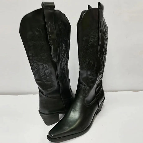 White Cowgirl Western Boots Embroidery Cowboy Boots for Women 2026 Brand Fashion Chunky Heeled Women Mid-Calf Boots Shoes Comfy