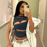 Women's Black Denim Cut Out Crop Top Sleeveless Asymmetric Hollow Out Fitted Streetwear Tank Top