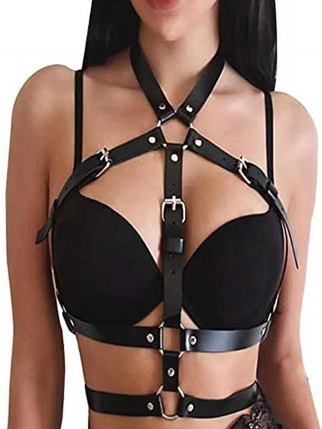 Women Leather Bondage Restraint Straps Set Adjustable Harness Belt Chest Waist Thigh Straps Gothic Costume Cosplay Accessory