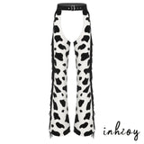 Womens Cow Spot Pattern Flannel Long Pants Adjustable Waist Open Crotch Biking Riding Cowgirl Chaps Halloween Cospaly Costume