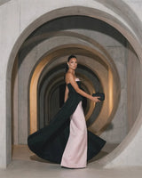 Sansa Customized Contrast Color Strapless Satin Evening Dress Black Pink Patchwork Waist Bow Long Side Train Wedding Guest Gown